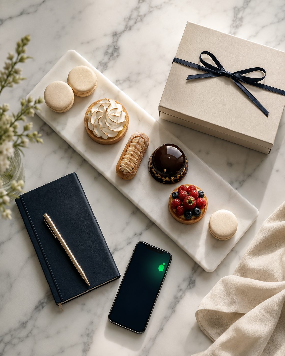 Repostería fina presentada sobre mármol, junto a una libreta y un teléfono con WhatsApp