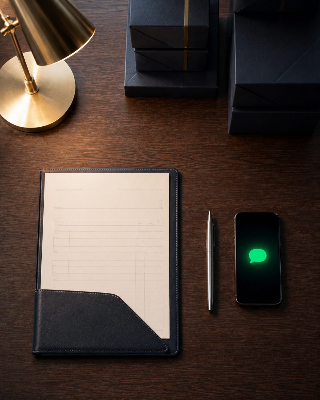 Carpeta de cuero con una cotización impresa, pluma y teléfono con un mensaje de WhatsApp sobre un escritorio de madera