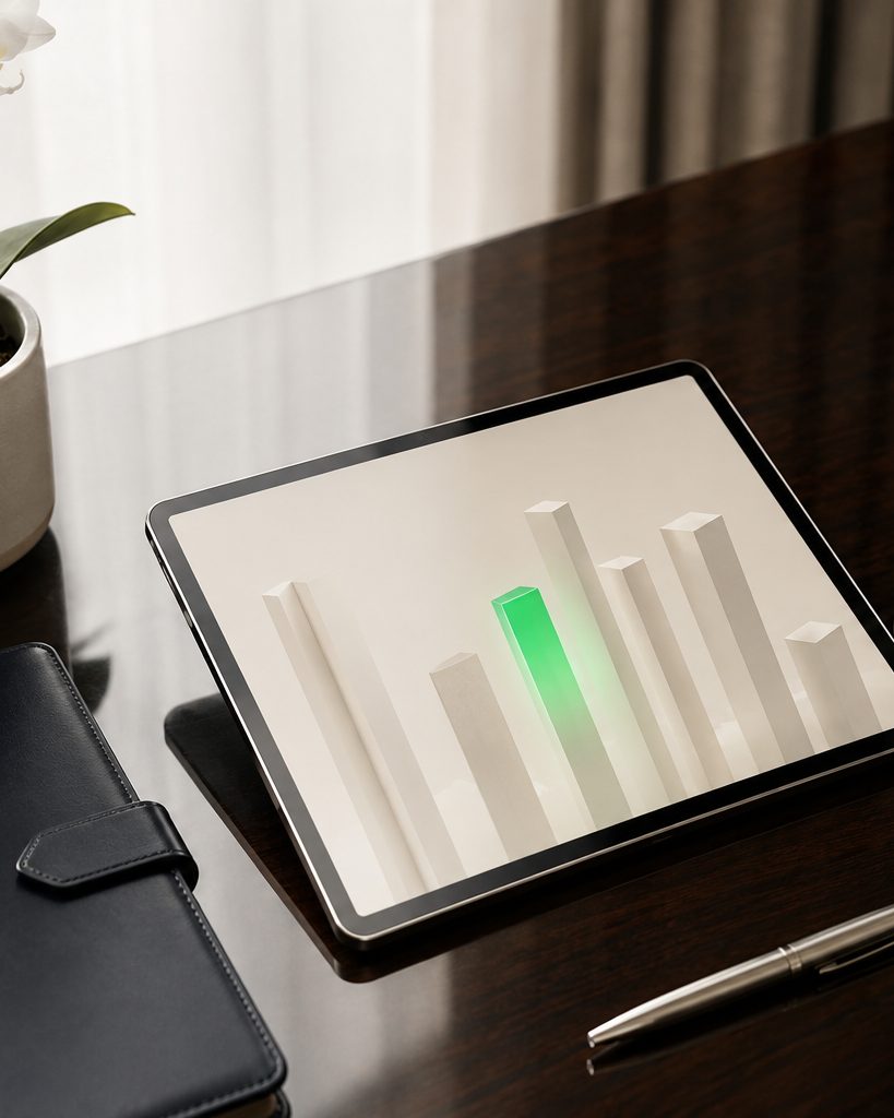 Tablet sobre un escritorio mostrando una gráfica de barras con una barra destacada en verde
